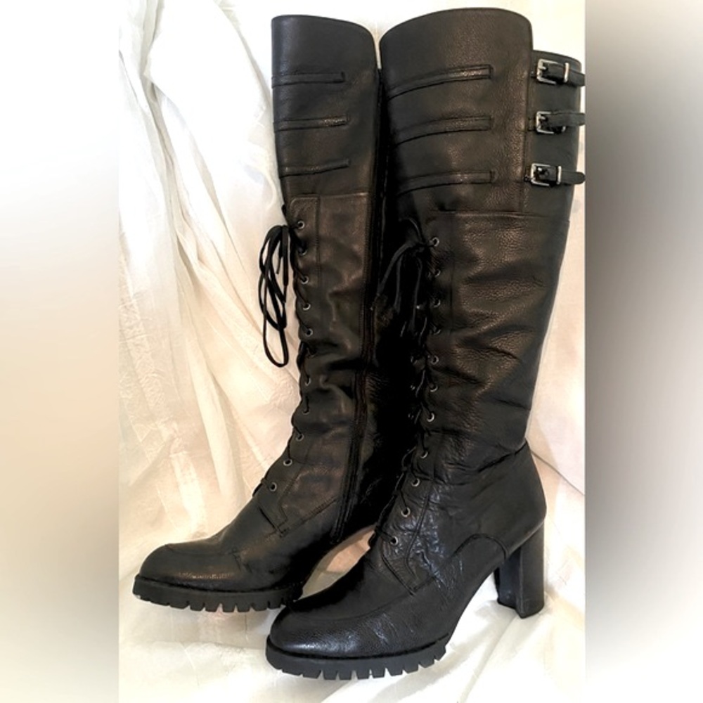 Stuart Weizman Black Leather Lace Up Tall Boots